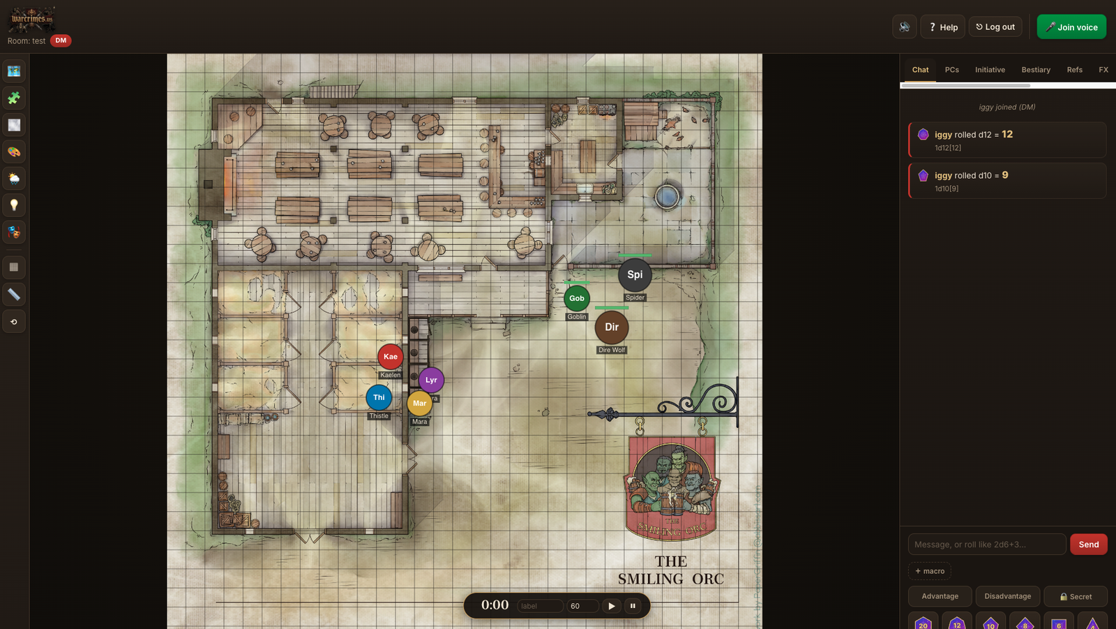A warcrimes.us battle map: the party and monsters as tokens on a tavern map, with the tool rail and chat sidebar