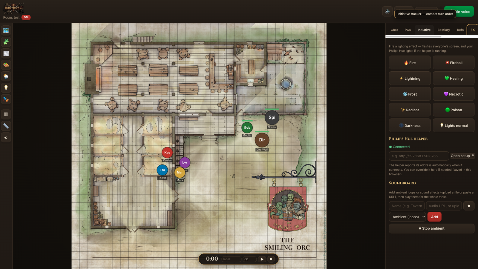 The FX tab: lighting effects, Philips Hue helper status, and the soundboard